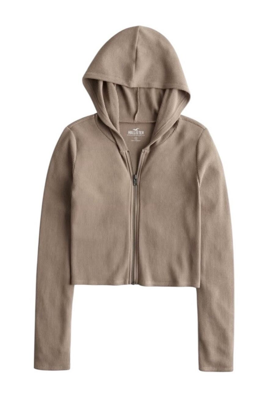 Hollister Womens Size Small Brown Waffle Knit Zip Up Hoodie Loungewear Cozycore